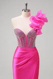 Sparkly Fuchsia Mermaid One Shoulder Removable Ruffles Long Prom Dress with Slit