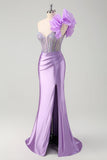 Sparkly Lilac Mermaid Beaded Corset One Shoulder Long Prom Dress with Slit