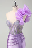 Sparkly Lilac Mermaid Beaded Corset One Shoulder Long Prom Dress with Slit