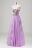 Sparkly Beaded Lilac Floral Appliques Corset Prom Dress