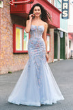 Light Blue Floral Beaded Mermaid Spaghetti Straps Tulle Prom Dress