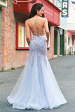 Light Blue Floral Beaded Mermaid Spaghetti Straps Tulle Prom Dress