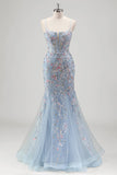 Light Blue Floral Beaded Mermaid Spaghetti Straps Tulle Prom Dress