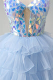 Blue A-Line Sweetheart Keyhole Corset Tiered Mirrors Ruffle Long Prom Dress