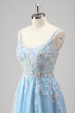 Light Blue A Line Spaghetti Straps Corset Floral Appliqued Prom Dress with Slit