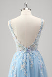 Light Blue A Line Spaghetti Straps Corset Floral Appliqued Prom Dress with Slit