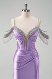 Sparkly Lilac Mermaid Cold Shoulder Tassels Satin Beaded Long Prom Dress with Slit