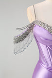 Sparkly Lilac Mermaid Cold Shoulder Tassels Satin Beaded Long Prom Dress with Slit