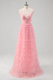 Pink A Line Spaghetti Straps Tulle Tiered Long Prom Dress