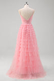 Pink A Line Spaghetti Straps Tulle Tiered Long Prom Dress