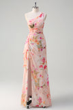 Peach Floral One Shoulder Sleeveless Print Long Prom Dress