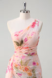 Peach Floral One Shoulder Sleeveless Print Long Prom Dress