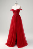 Red A-Line Off the Shoulder Tulle Long Corset Prom Dress with Slit