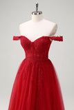 Red A-Line Off the Shoulder Tulle Long Corset Prom Dress with Slit