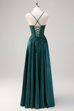 Dark Green A-Line Spaghetti Straps Satin Beaded Long Prom Dress with Appliques