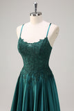 Dark Green A-Line Spaghetti Straps Satin Beaded Long Prom Dress with Appliques