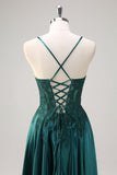 Dark Green A-Line Spaghetti Straps Satin Beaded Long Prom Dress with Appliques