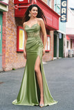 Mermaid Green Corset Spaghetti Straps Pleated Prom Dress