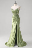 Green Mermaid Spaghetti Straps Pleated Corset Prom Dress