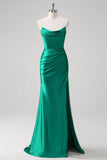 Green Mermaid Strapless Satin Ruched Long Prom Dress with Slit