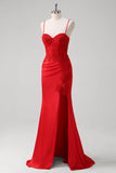 Red Spaghetti Straps Mermaid Satin Long Corset Prom Dress with Appliques