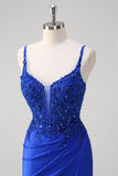 Sparkly Royal Blue Mermaid Spaghetti Straps Long Corset Prom Dress with Appliques