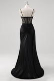 Black Spaghetti Straps Satin Mermaid Long Corset Prom Dress with Slit