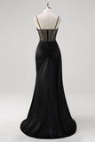 Black Spaghetti Straps Satin Mermaid Long Corset Prom Dress with Slit