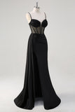 Black Spaghetti Straps Satin Mermaid Long Corset Prom Dress with Slit