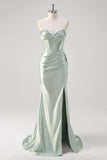 Matcha Mermaid Sweetheart Satin Ruched Long Corset Prom Dress with Slit