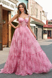 Blush Floral A Line Spaghetti Straps Pleated Corset Prom Dress