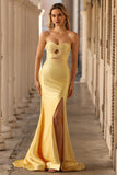 Strapless Mermaid Beaded Cut-Out Yellow Long Prom Dress With Slit
