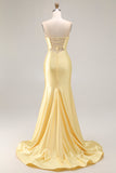 Strapless Mermaid Beaded Cut-Out Yellow Long Prom Dress With Slit