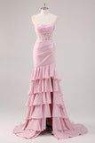 Blush Mermaid Strapless Corset Tiered Long Prom Dress with Slit