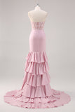 Blush Mermaid Strapless Corset Tiered Long Prom Dress with Slit