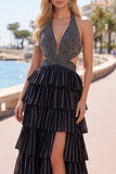 Black Tiered Ruffle A Line Halter Beaded Open Back Long Prom Dress with Slit