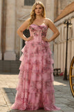 Blue White Flower A-Line Basque Waist Tiered Long Plus Size Prom Dress with Slit