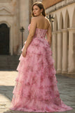 Blue White Flower A-Line Basque Waist Tiered Long Plus Size Prom Dress with Slit