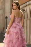 Blue White Flower A-Line Basque Waist Tiered Long Plus Size Prom Dress with Slit