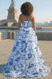 Blue White Flower A-Line Basque Waist Tiered Long Plus Size Prom Dress with Slit