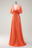 Sunset A Line V-Neck Satin Bridesmaid Dress with Short Sleeves