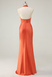 Orange Mermaid Cross Halter Open Back Long Bridesmaid Dress