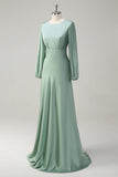 A Line Round Neck Long Sleeves Sage Bridesmaid Dress