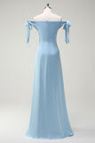 Sky Blue A Line Off The Shoulder Long Bridesmaid Dress