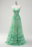 Green A-Line Halter Floral Corset Ruffles Long Prom Dress with Slit