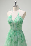 Green A-Line Halter Floral Corset Ruffles Long Prom Dress with Slit