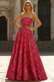 Strapless Fuchsia Floral A-Line Brocade Long Prom Dress