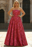 Fuchsia Floral Strapless A-Line Long Plus Size Prom Dress
