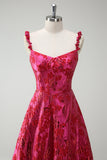 Fuchsia A-Line Spaghetti Straps Floral Jacquard Long Prom Dress with Slit