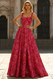 Fuchsia A-Line Floral Spaghetti Straps Jacquard Brocade Long Prom Dress